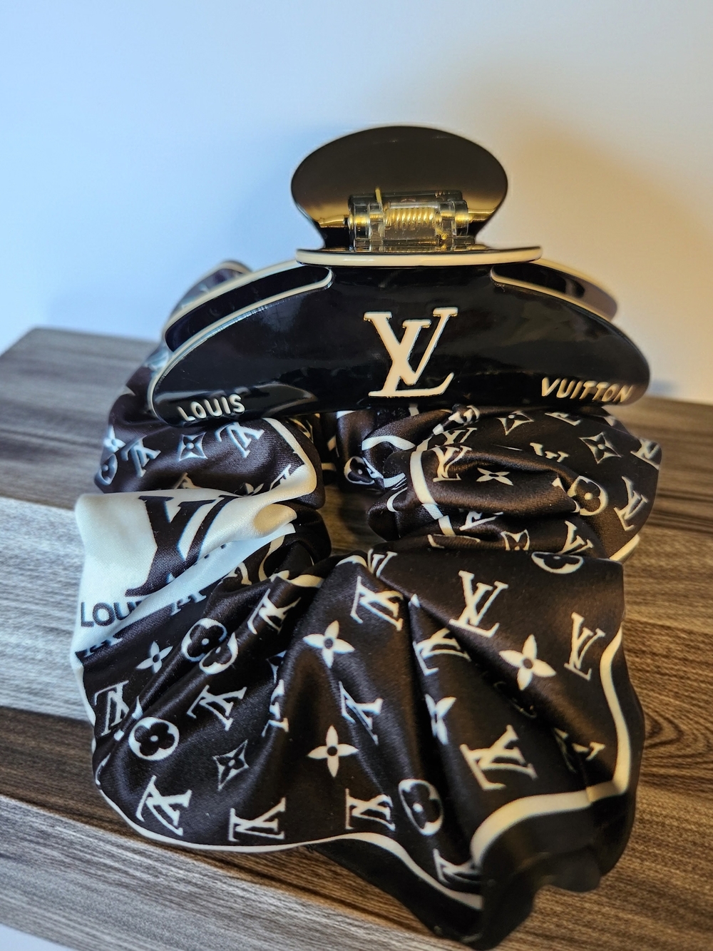 Louis Vuitton Black & White Monogram Hair Claw with Scrunchie